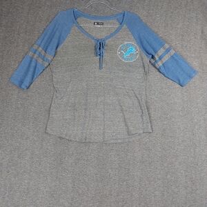 NFL TEAM APPAREL WOMEN GRAY BLUE DETROIT LIONS FOOTBALL 3/4 SLEEVE LACE UP TOP L